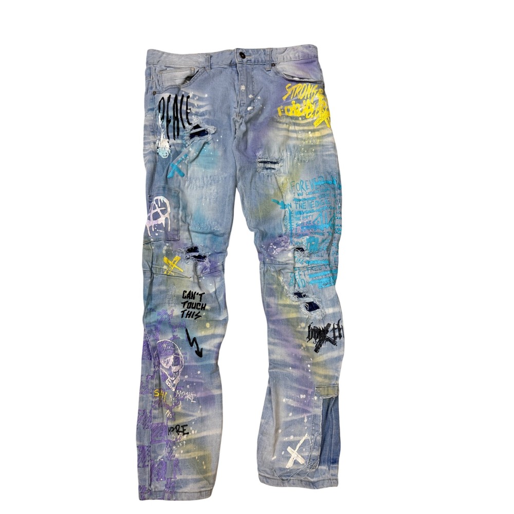Smoke Rise DNM Co Mens Graffiti Distressed Jeans Light Wash Splatter 34x32 -BG